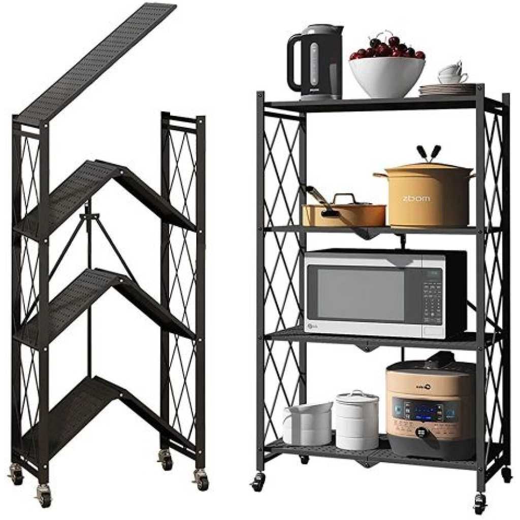 4 Tier Foldable Storage Shelves With Wheels Rack Pantry Organizer For Kitchen Bedroom Bathroom Office- Black