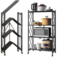 4 Tier Foldable Storage Shelves With Wheels Rack Pantry Organizer For Kitchen Bedroom Bathroom Office- Black