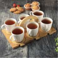 13 Pcs Porcelain Coffee & Tea Cup Set With Bamboo Saucers & Stand- White.