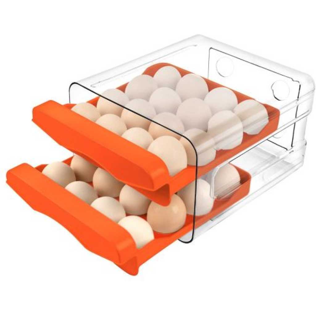 32 Grid Egg Holder For Refrigerator 2-Layer Egg Container Organizer Tray Storage Container- Orange