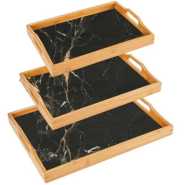 Marble Print Bamboo Tea Serving Tray - 3 Set- Black.