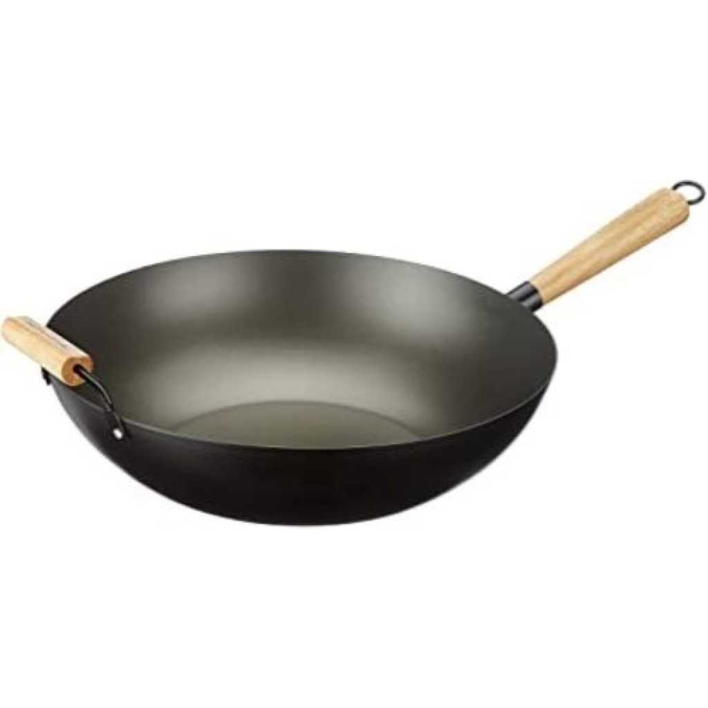 Non-stick Wok Stir Frying Pan Saucepan With Wooden Handle- Black