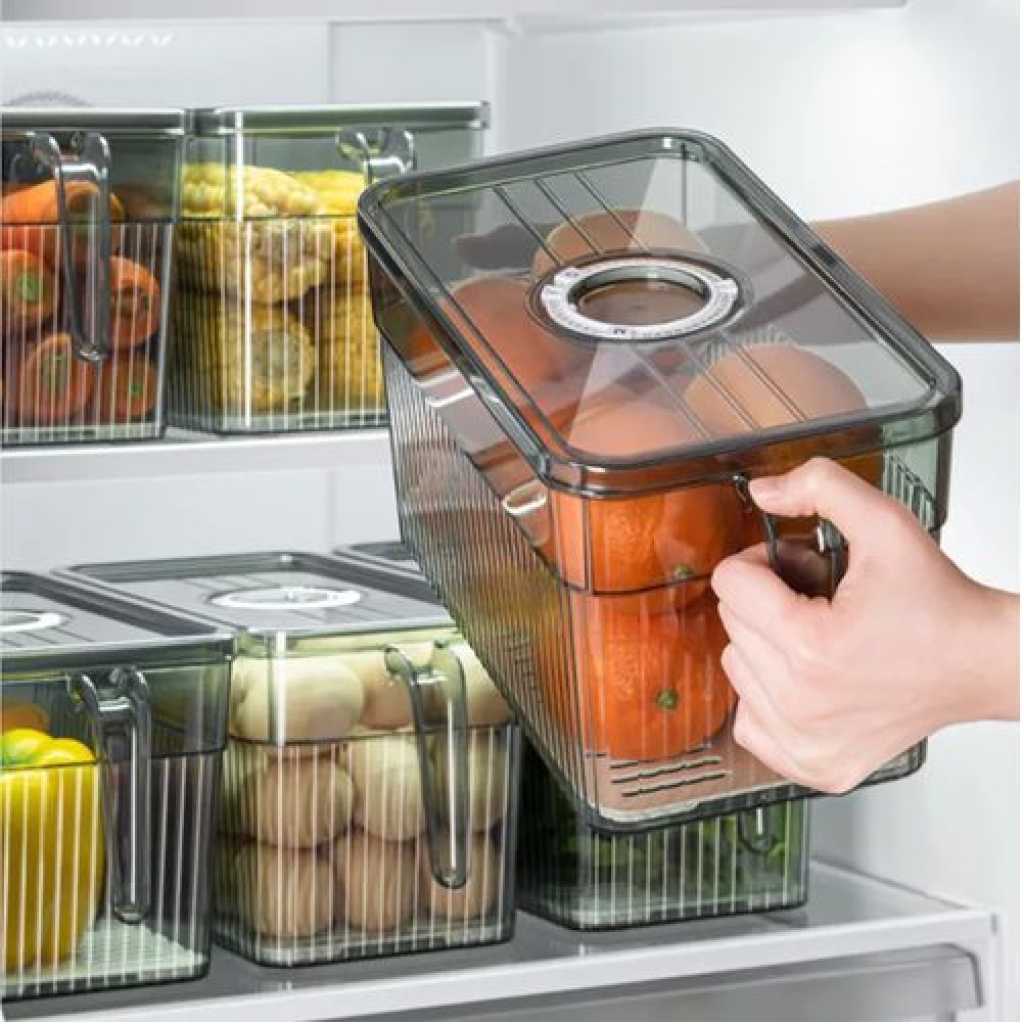 1Piece Food Storage Container Refrigerator Organizer Holder With Lid And Handle Plastic Fresh Box With Drain Basket - Green