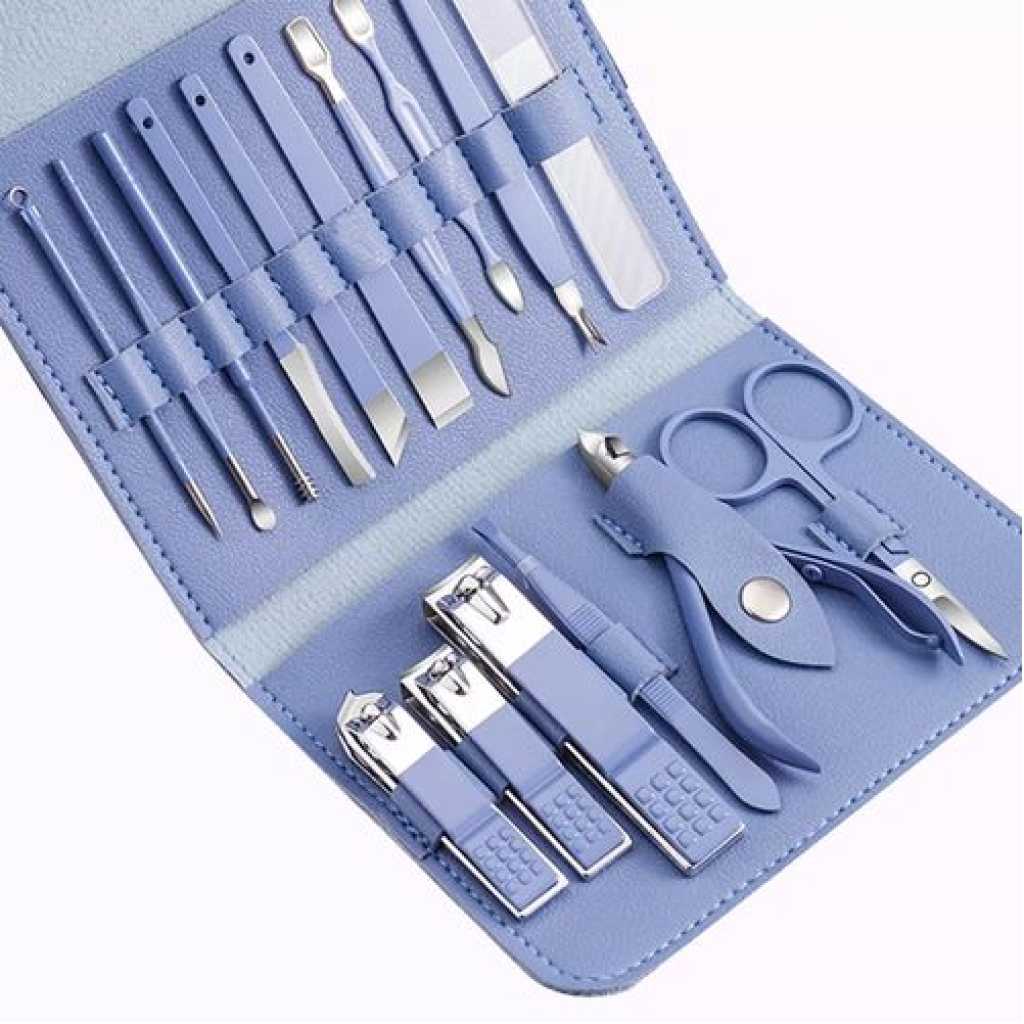 16pcs Manicure Set Nail Clippers Pedicure Kit Cutter Tweezers Makeup Beauty Tools Grooming Scissors With PU Leather Travel Case - Blue