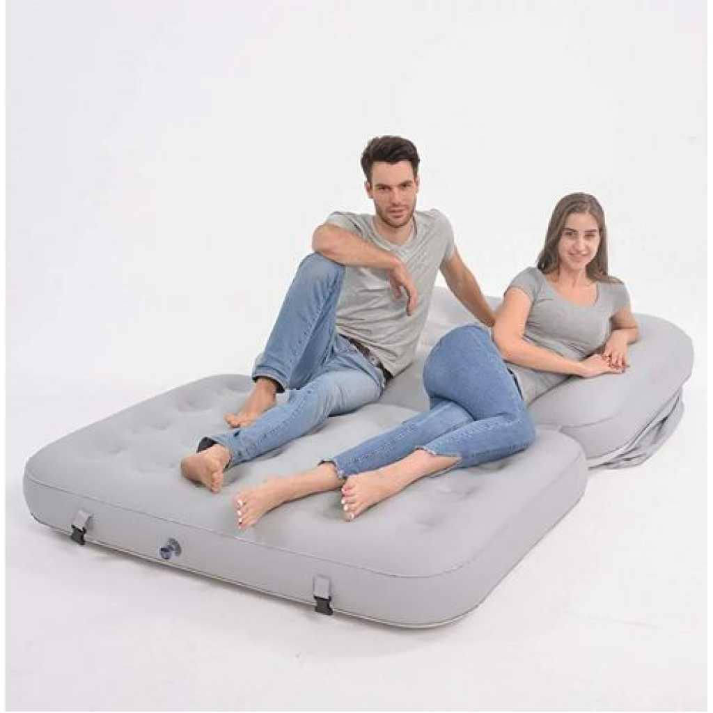 Double Air Couch Folding Sofa Bed Inflatable MattressPool Float Waterproof Blow Up Sofa For Camping Pool Bedroom Overnight - Grey.