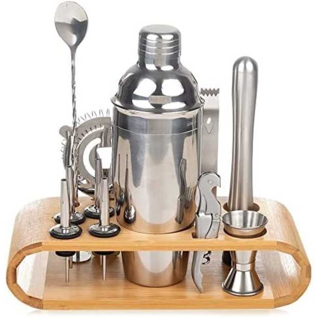 12-Piece Martini Cocktail Shaker 750ML In Stainless Steel And Bamboo Support Set- Silver.