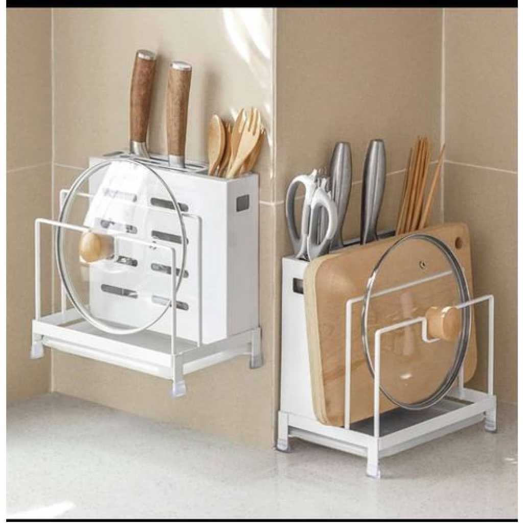 Kitchen Utensils Tool Holder Block Storage Rack Cutting Board Stand Bakeware Pan Pot Cover Lid Cutlery Organizer- White.