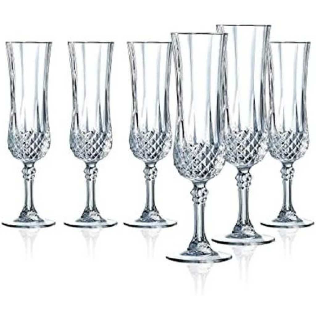 6 Pieces Of Diamond Champaign Flute Wine Glasses- Clear.