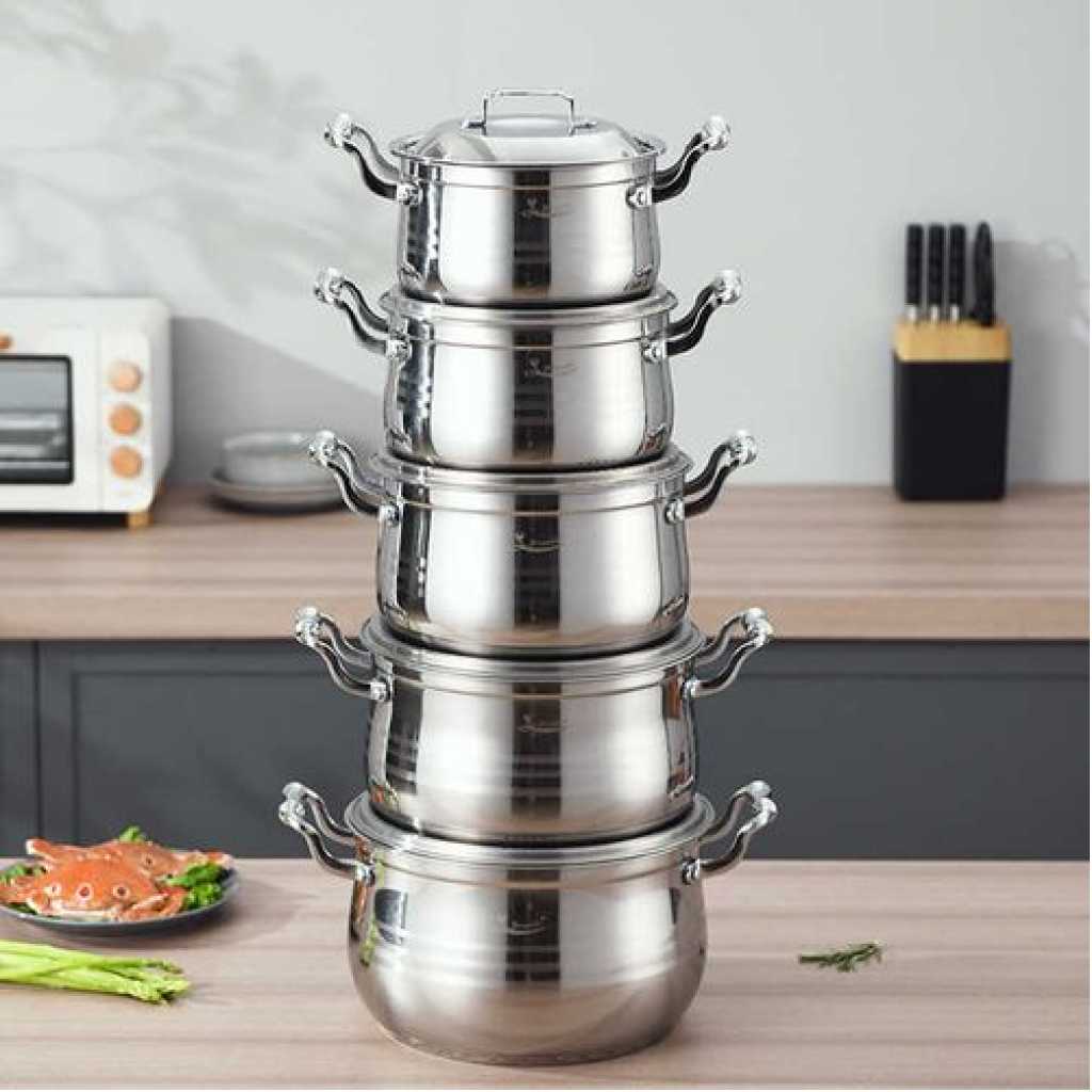 10 PC 16,18, 20,22,24CM Stainless Steel Saucepans Cooking Pots- Silver.