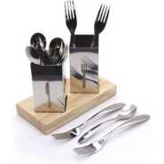 Spoons, Forks Cutlery Storage Holder Draining Rack On Bamboo Base -Silver.