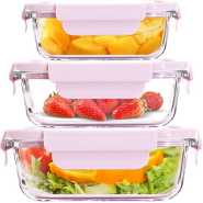 3 Piece Food Safe Microwave Oven Safe Glass Bowls Fridge Containers -Pink.