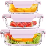 3 Piece Food Safe Microwave Oven Safe Glass Bowls Fridge Containers -Pink.