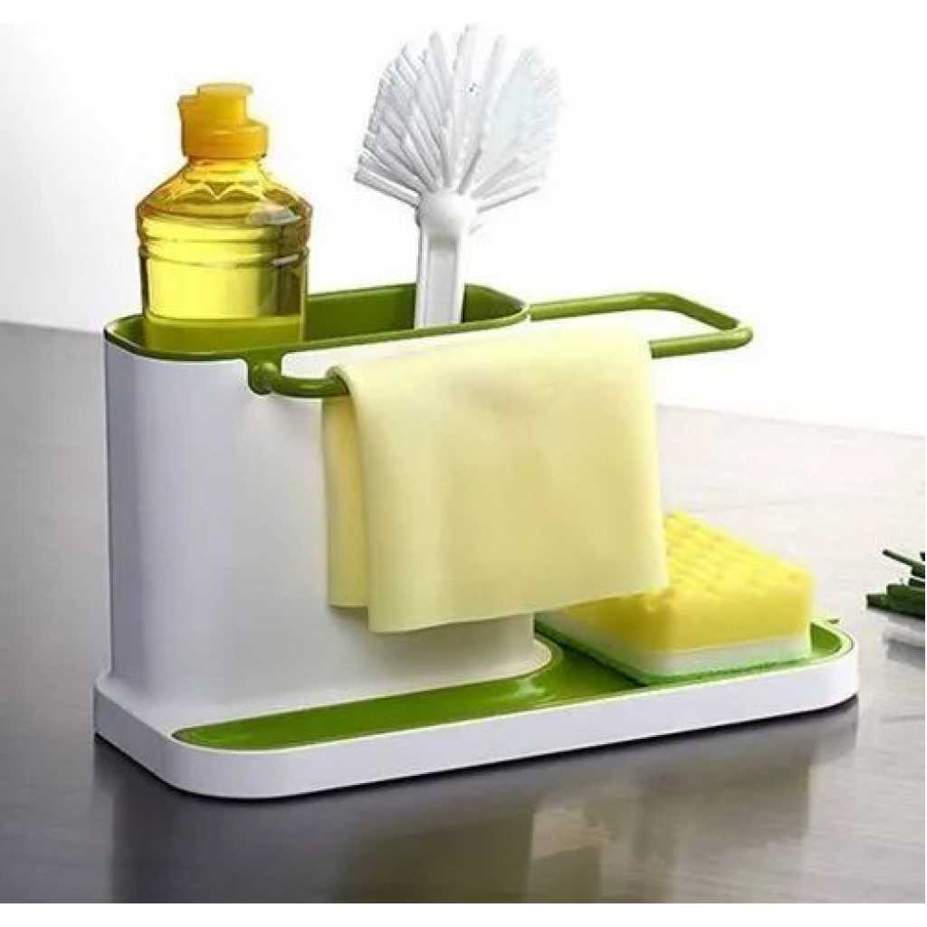 3 in1 Kitchen Sink Organizer Stand Draining Holder Towel Soap Brush Sponge Rack- Green