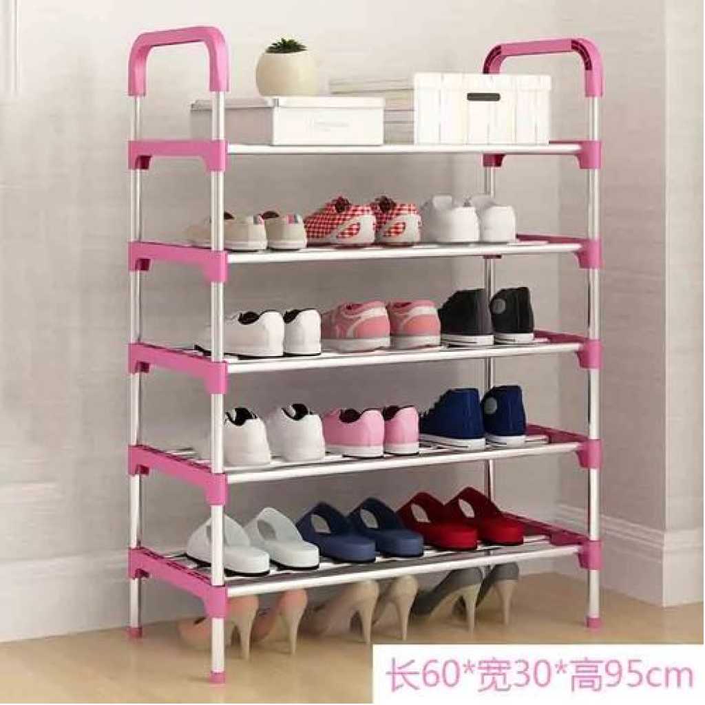 5 Layer Stainless Steel Stackable Shoes Rack Organizer Storage Stand- Pink.