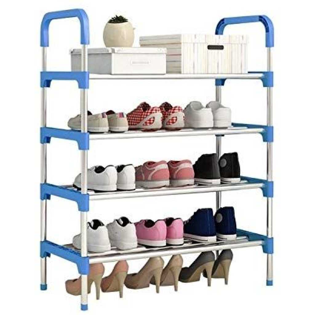 4 Layer Stainless Steel Stackable Shoes Rack Organizer Storage Stand- Blue