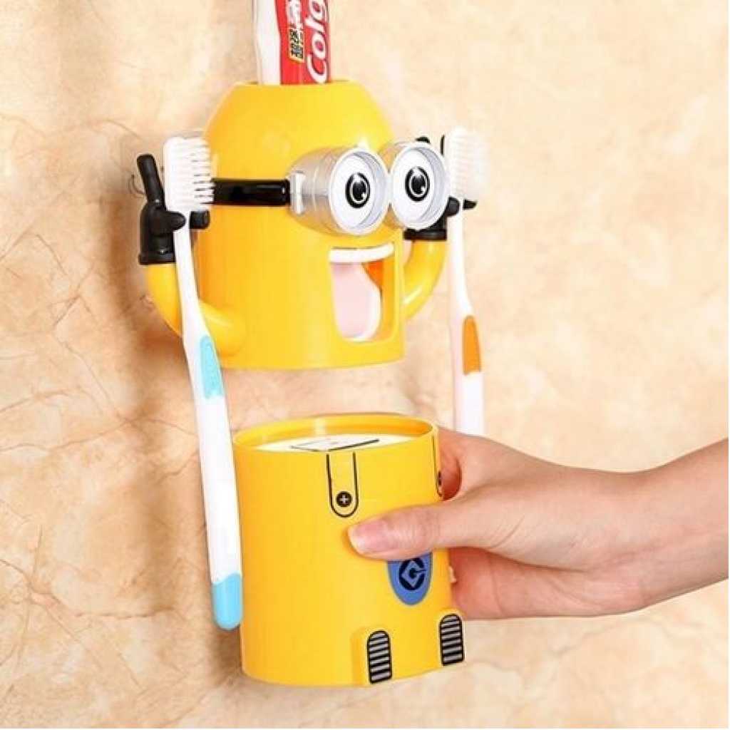 Automatic Minions Wash Kit One Toothpaste And Two Toothbrush Holder With Rinse Cup- Yellow