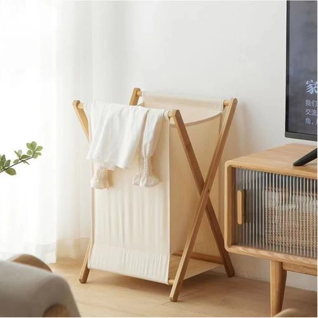 Foldable Clothes Laundry Basket Bag With Wooden Stand Storage Bin - Cream