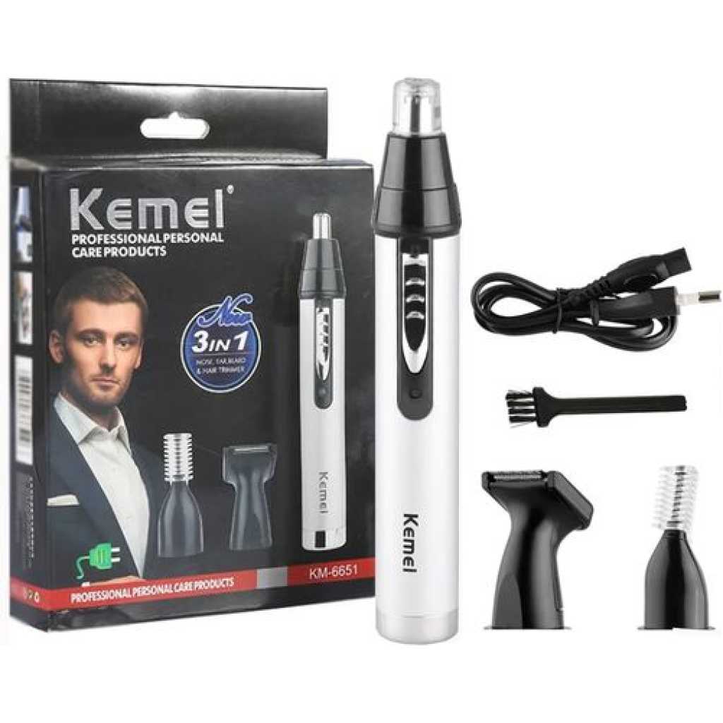 Kemei 3 In1 Electric Nose Ear Trimmer For Men Rechargeable Shaver Hair Removal Eyebrow Trimer Face Shaving Machine Men's Shaving Machine- Silver.