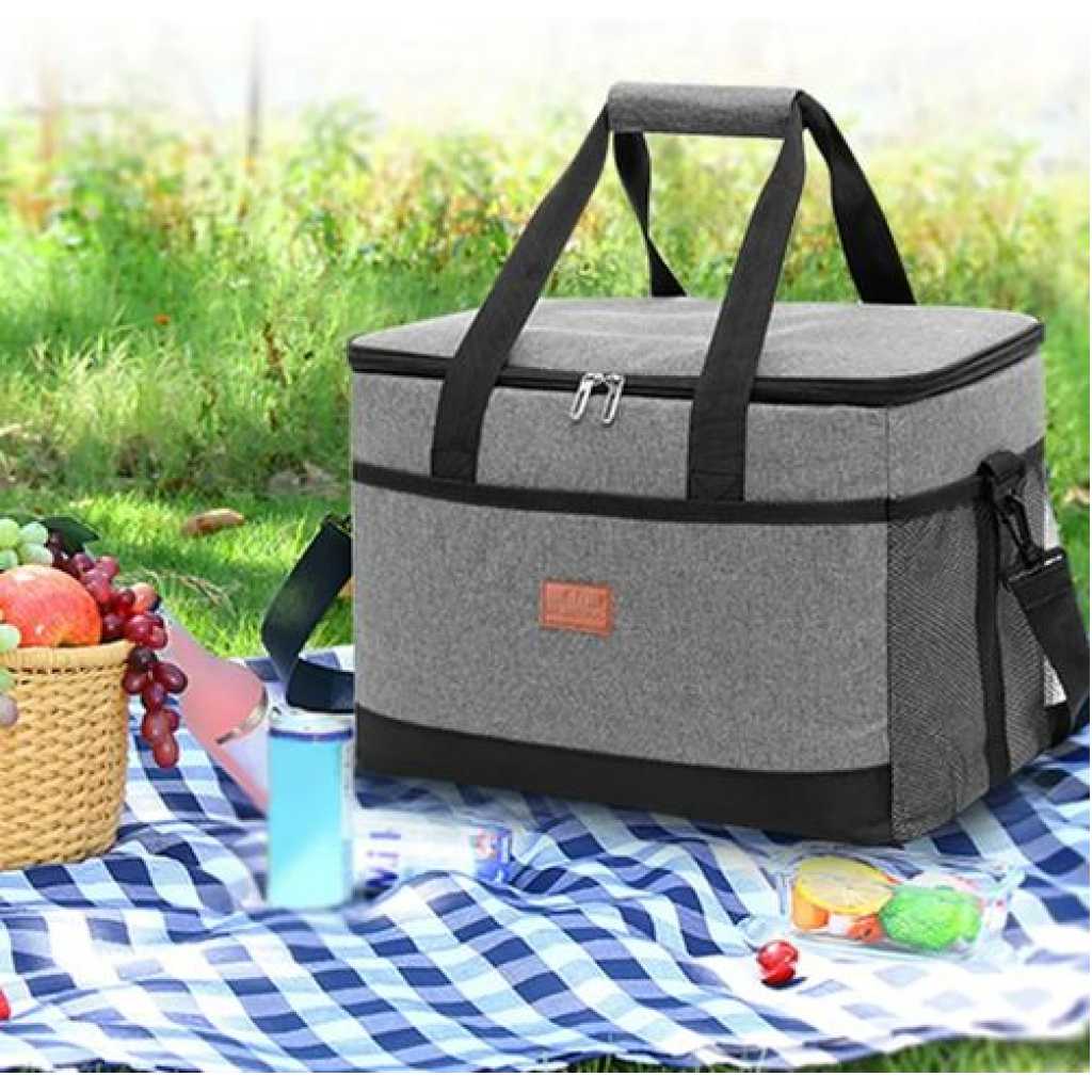 Insulated 2-Layer Lunch Box Bag Leak-Proof Fresh-Keeping Picnic Food Fruit Tote School Bag- Grey