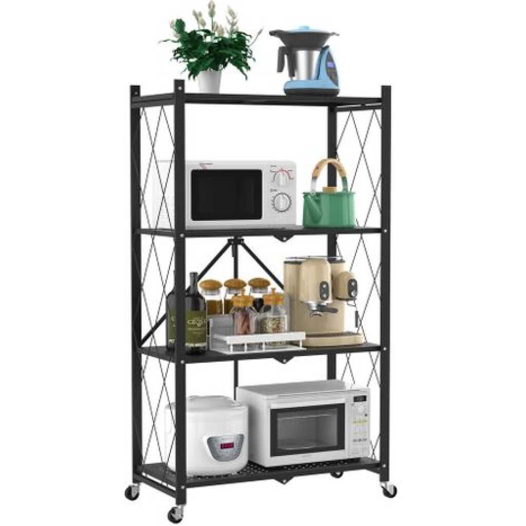 4 Tier Foldable Storage Shelves With Wheels Rack Pantry Organizer For Kitchen Bedroom Bathroom Office- Black