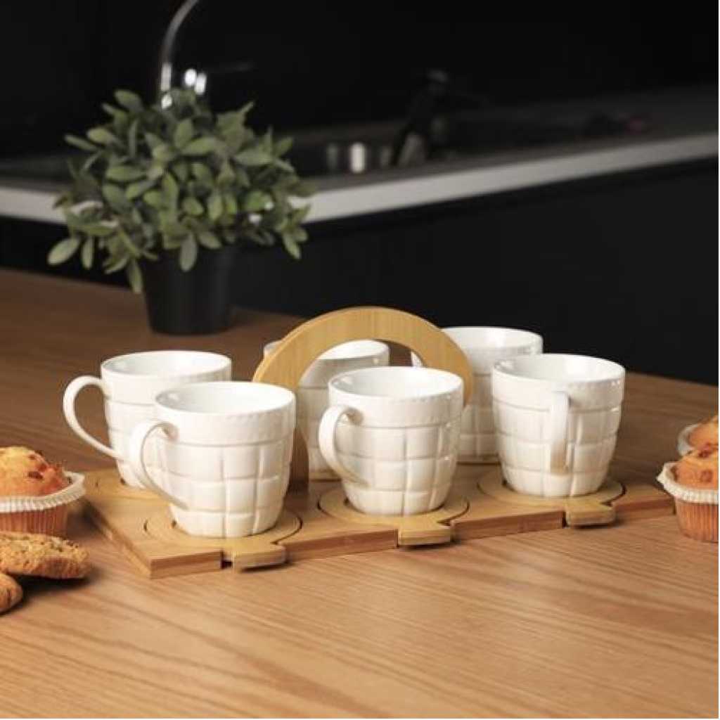 13 Pcs Porcelain Coffee & Tea Cup Set With Bamboo Saucers & Stand- White.