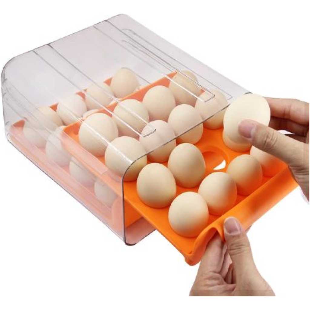 32 Grid Egg Holder For Refrigerator 2-Layer Egg Container Organizer Tray Storage Container- Orange