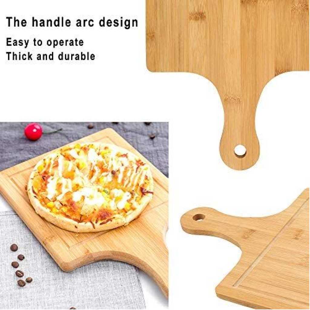 Household Wooden Rectangle Flat Fruit Pizza Serving Board Tray Plate With Handle- Brown.