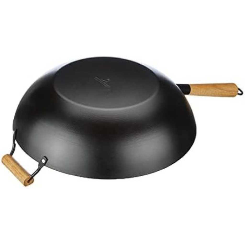 Non-stick Wok Stir Frying Pan Saucepan With Wooden Handle- Black