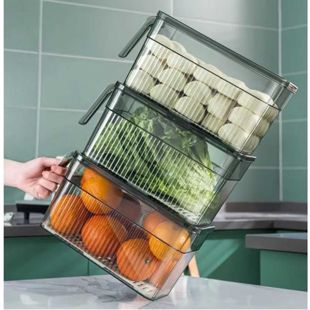 1Piece Food Storage Container Refrigerator Organizer Holder With Lid And Handle Plastic Fresh Box With Drain Basket - Green