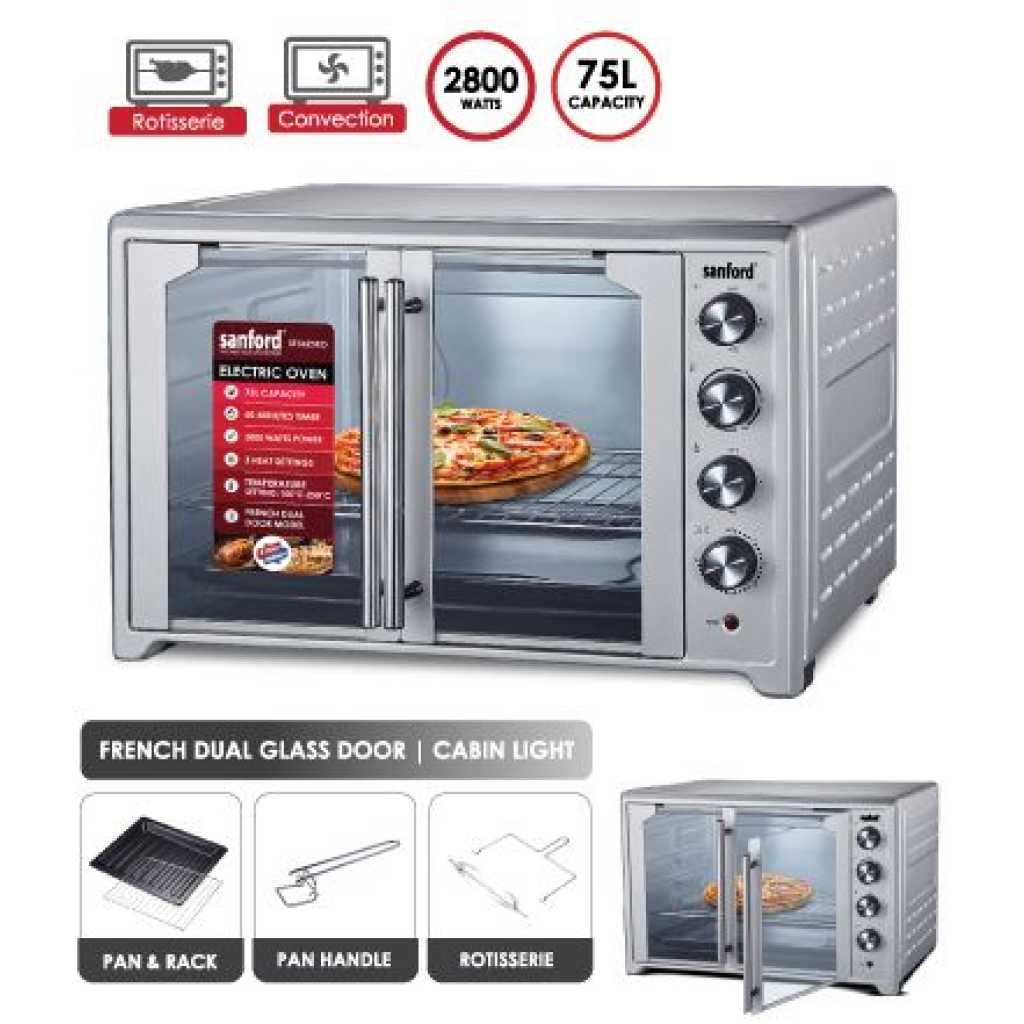 Sanford 75 Litres Double Glass Door Electric Oven Grill Toaster - Grey