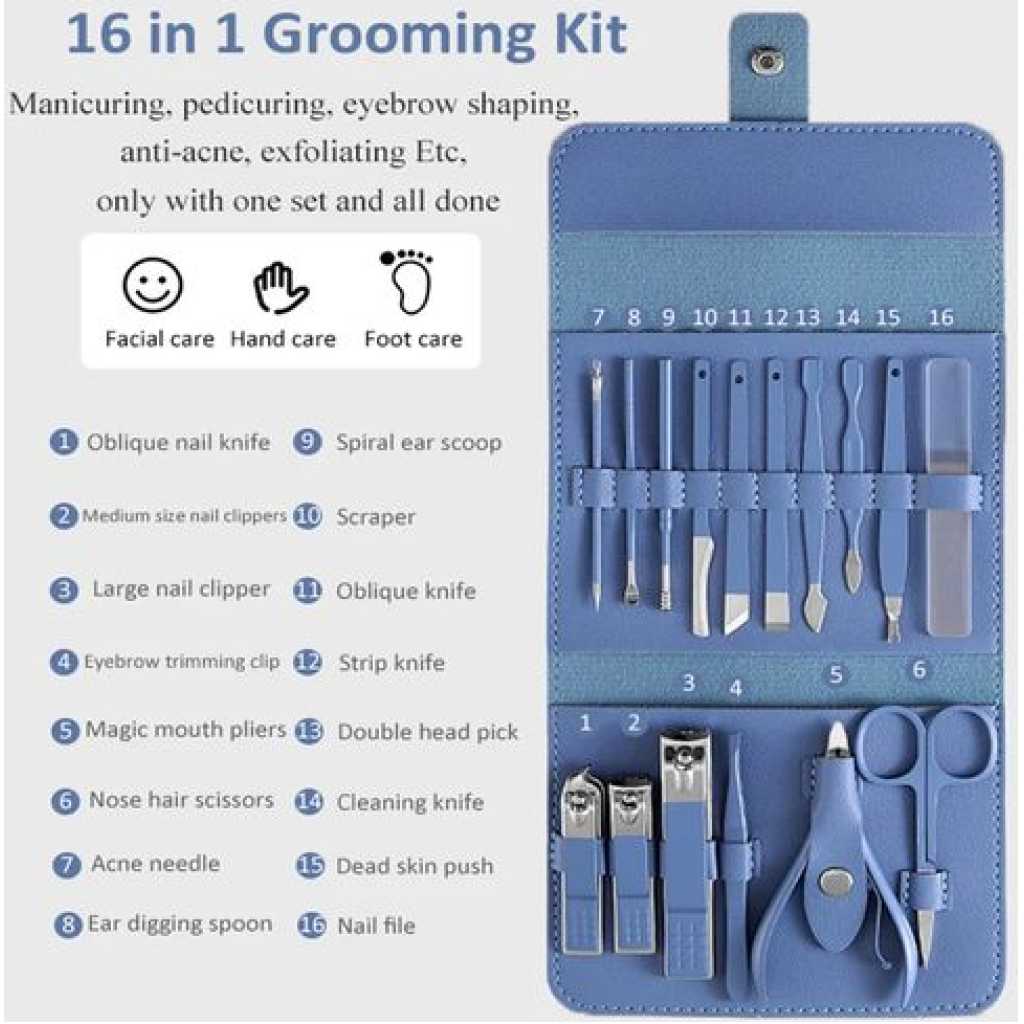 16pcs Manicure Set Nail Clippers Pedicure Kit Cutter Tweezers Makeup Beauty Tools Grooming Scissors With PU Leather Travel Case - Blue