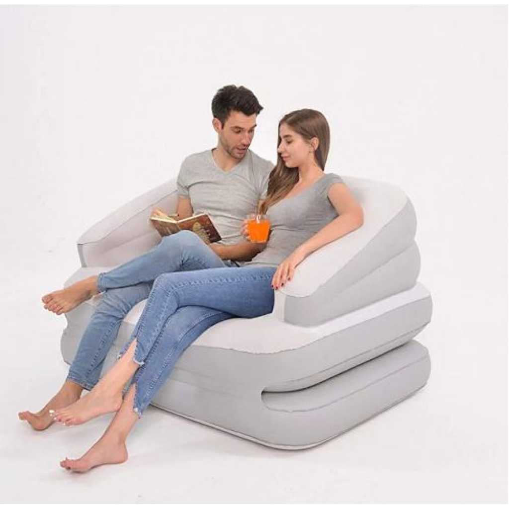 Double Air Couch Folding Sofa Bed Inflatable MattressPool Float Waterproof Blow Up Sofa For Camping Pool Bedroom Overnight - Grey.