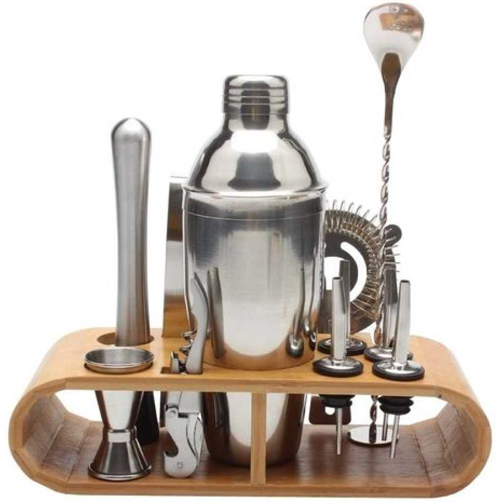 12-Piece Martini Cocktail Shaker 750ML In Stainless Steel And Bamboo Support Set- Silver.