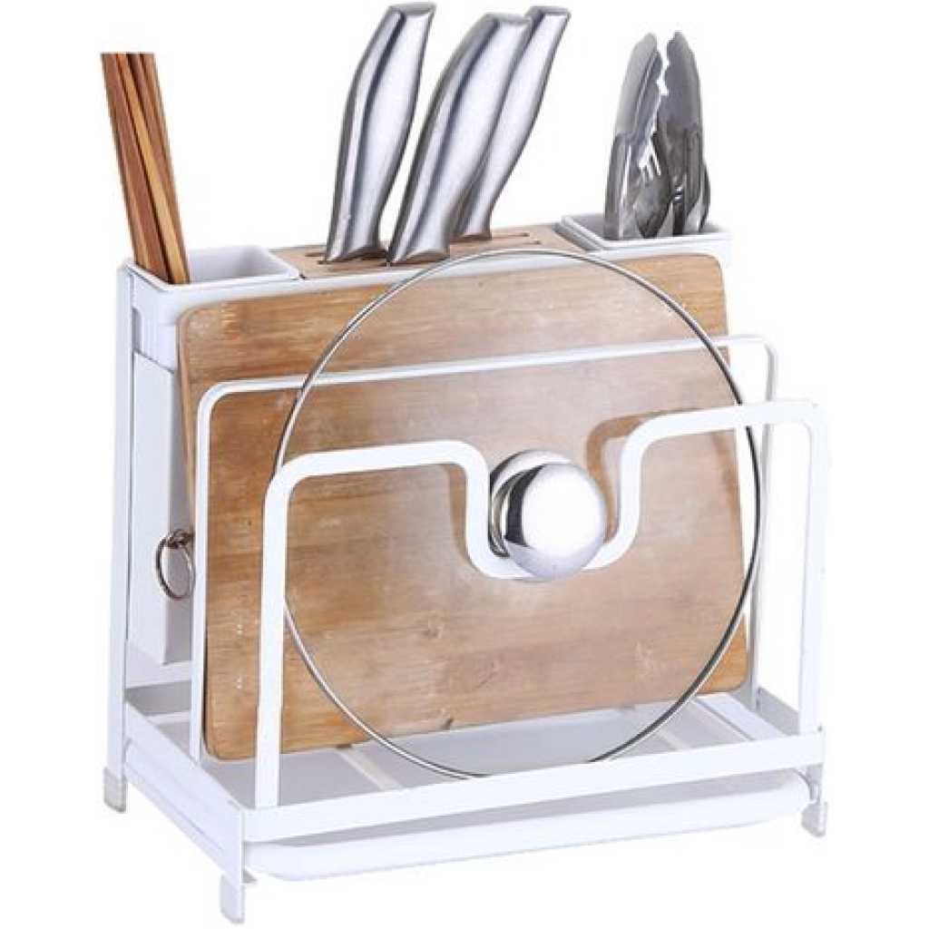 Kitchen Utensils Tool Holder Block Storage Rack Cutting Board Stand Bakeware Pan Pot Cover Lid Cutlery Organizer- White.