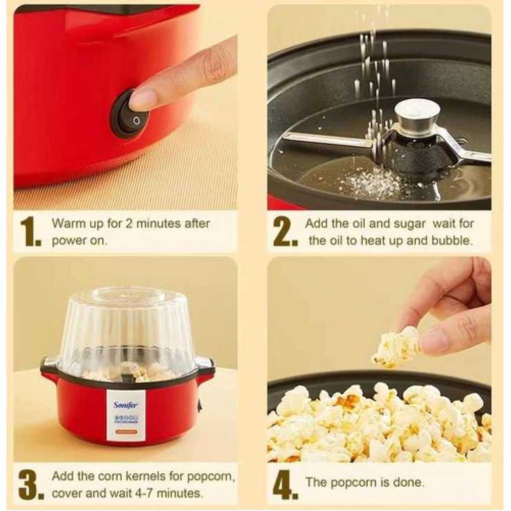 Sonifer Professional Oil Hot Plate Multifunctional Electric Mini Popcorn Maker Machine - Red