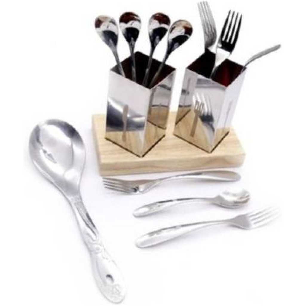 Spoons, Forks Cutlery Storage Holder Draining Rack On Bamboo Base -Silver.