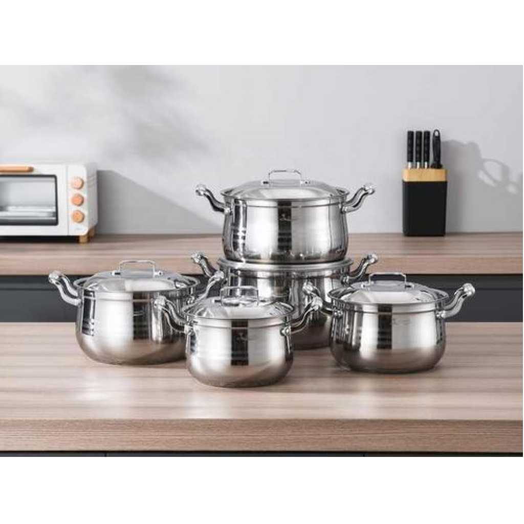 10 PC 16,18, 20,22,24CM Stainless Steel Saucepans Cooking Pots- Silver.
