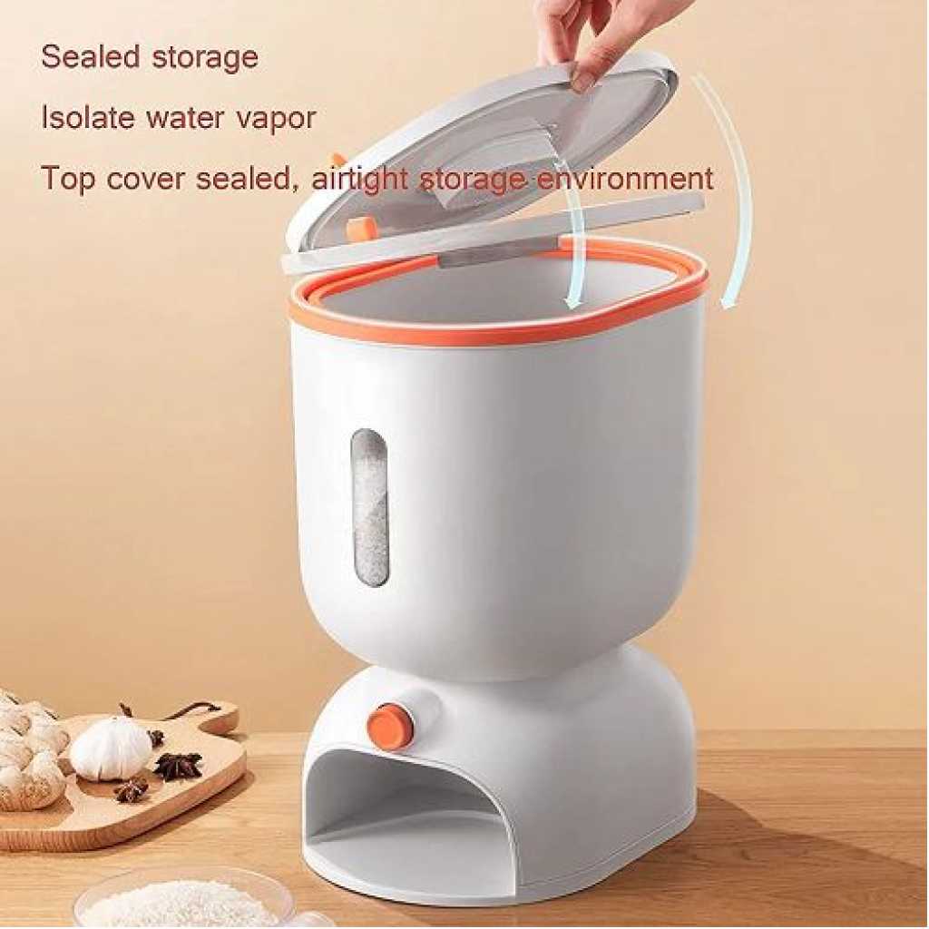 7.5 KG Airtight Rice Dispenser, Sealed Grain Container With Lid And Measuring Cup Cereal Bucket- White.