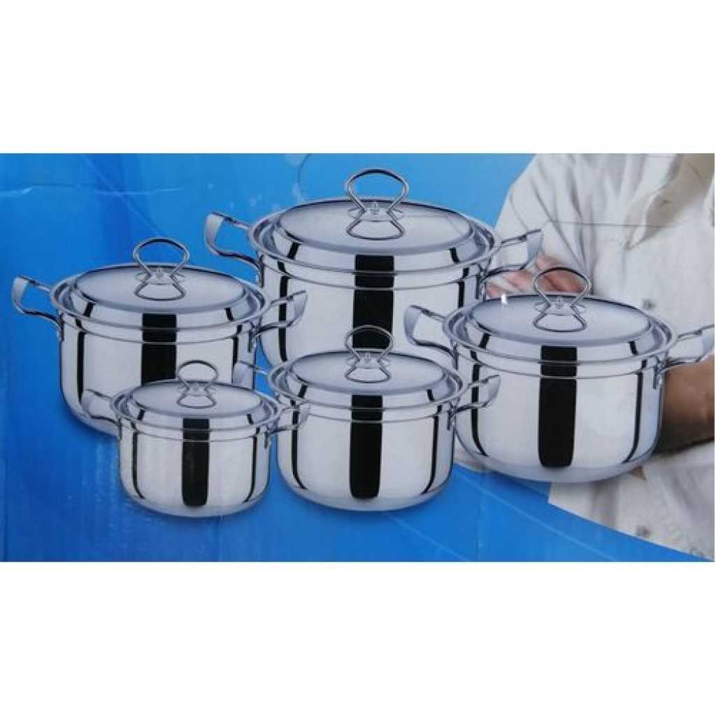 10 Piece Stainless Steel Saucepans Cookware Pots, Silver.