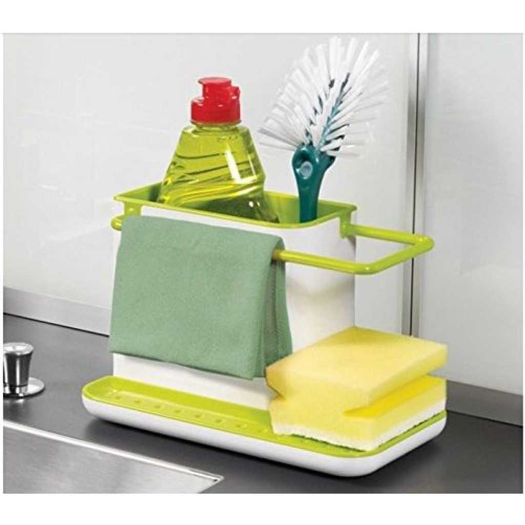 3 in1 Kitchen Sink Organizer Stand Draining Holder Towel Soap Brush Sponge Rack- Green