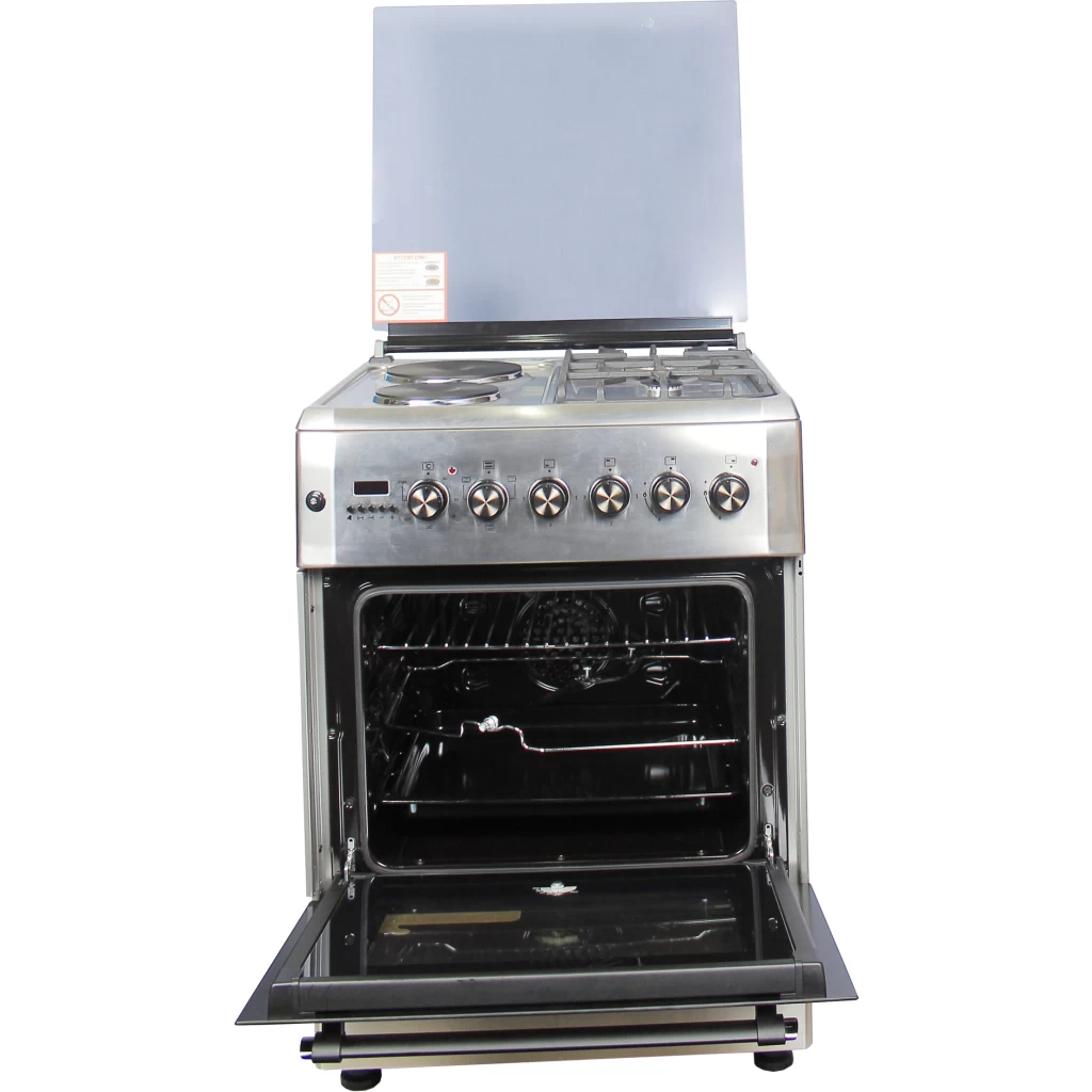 Blueflame 60x60cm Diamond Cooker; 2 Gas and 2 Hotplate D6022ERF; Electric Oven & Grill, Digital Timer, THermostat, Oven Lamp, Cast Iron Pan Supports, Rotisserie, Auto Ignition - Inox