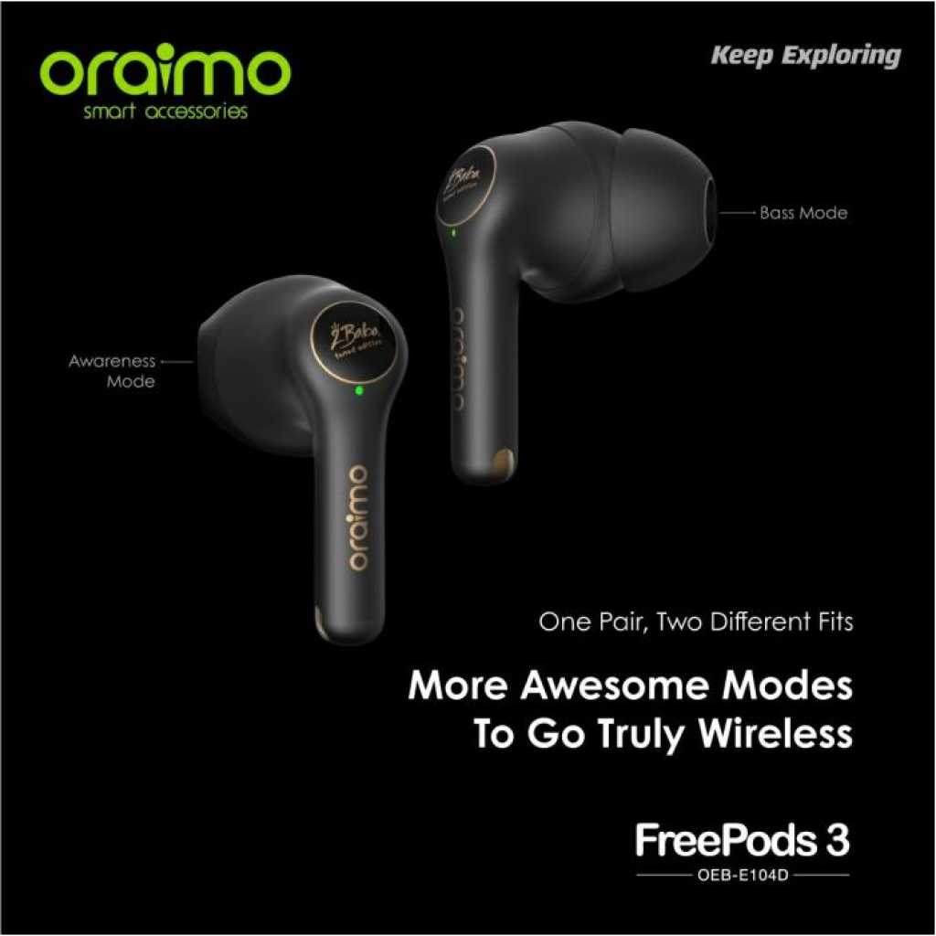 Oraimo FreePods 3 ENC Calling Noise Cancellation TWS True Wireless Earbuds OEB-E104D - Black