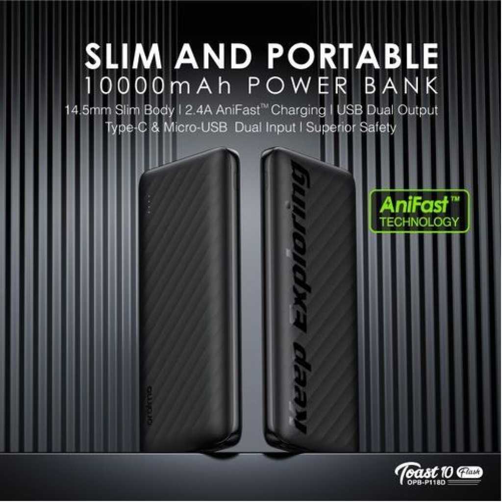 Oraimo Toast 10 Flash 10000mAh 2.4A Max Fast Charging Portable Power Bank OPB-P118D - Black