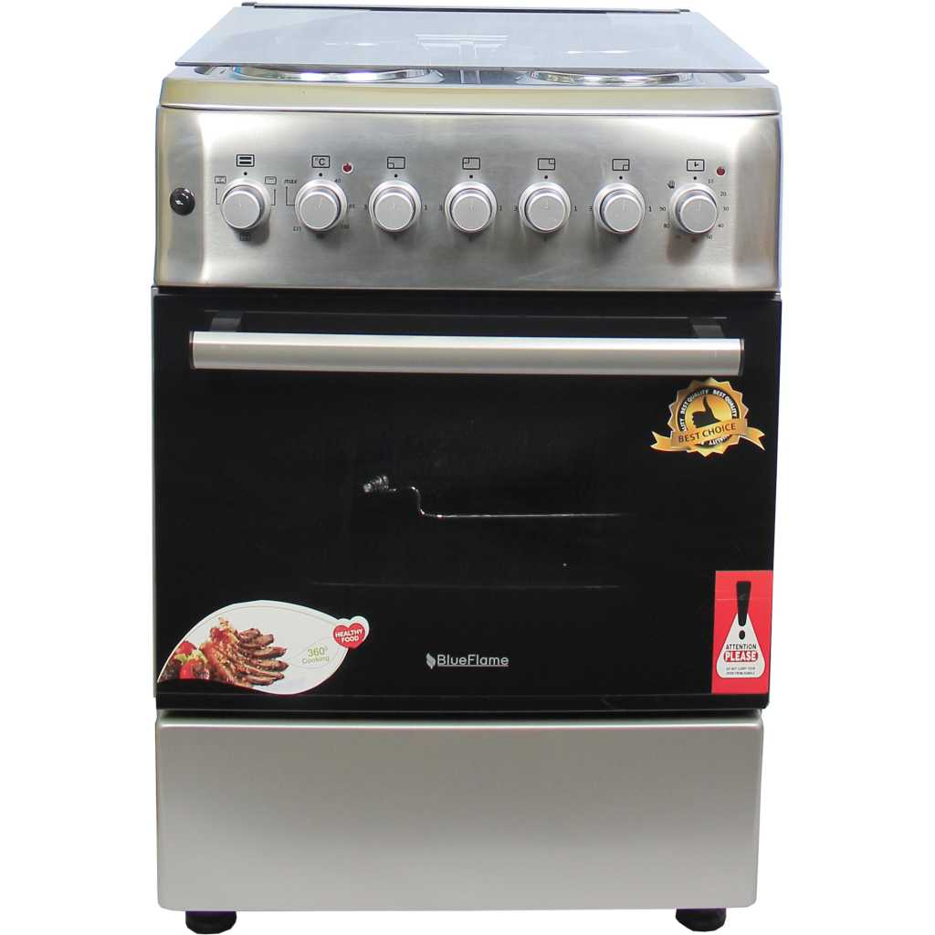 Blueflame Full Electric Cooker S6004ERF 60X60cm, Electric Oven & Grill, Rotisserie, Oven Fan, Oven Lamp, Thermostat, Glass Lid - Inox