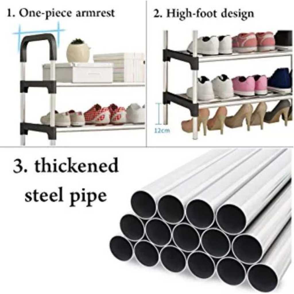 6 Layer Stainless Steel Stackable Shoes Rack Organizer Storage Stand- Black.