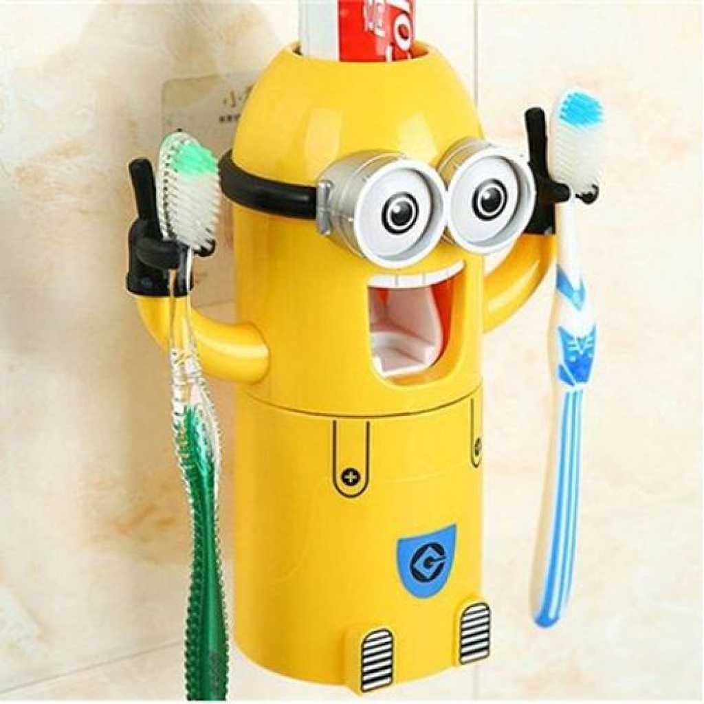 Automatic Minions Wash Kit One Toothpaste And Two Toothbrush Holder With Rinse Cup- Yellow