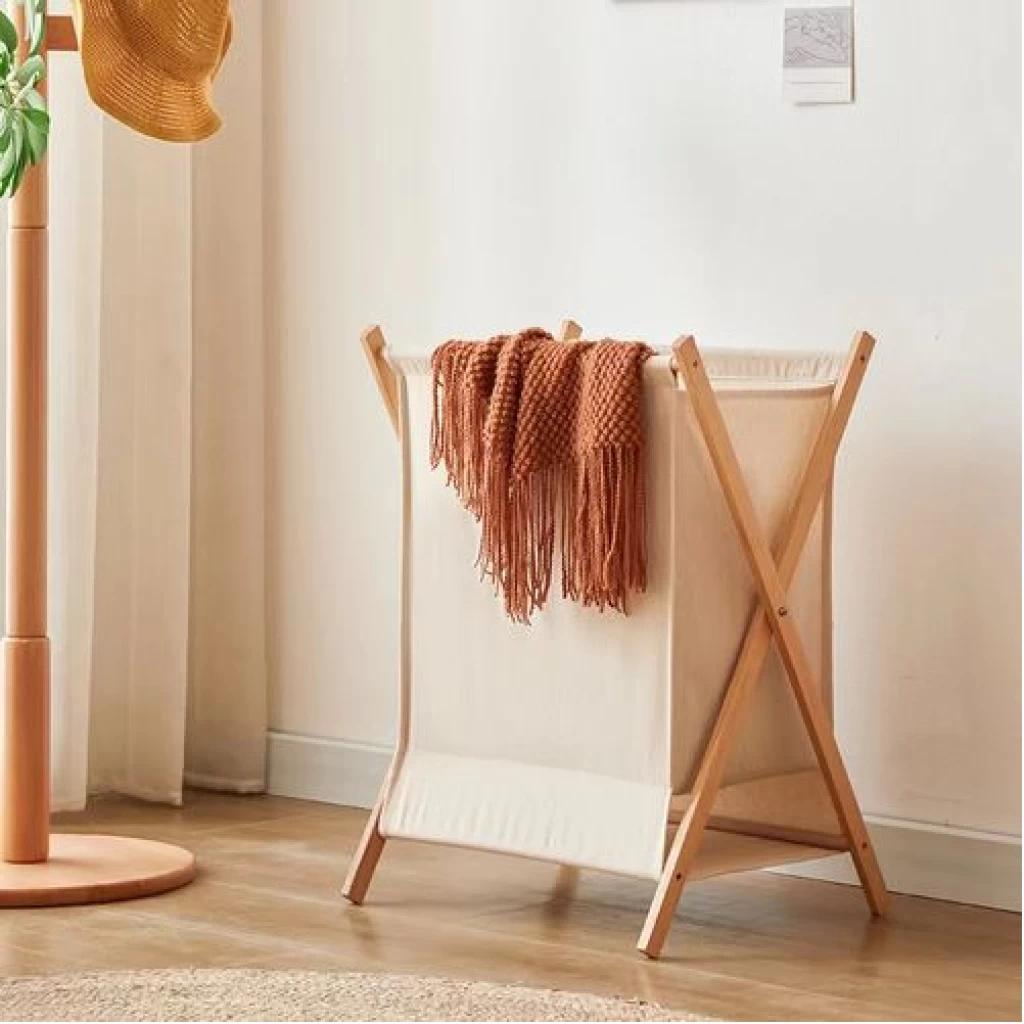 Foldable Clothes Laundry Basket Bag With Wooden Stand Storage Bin - Cream
