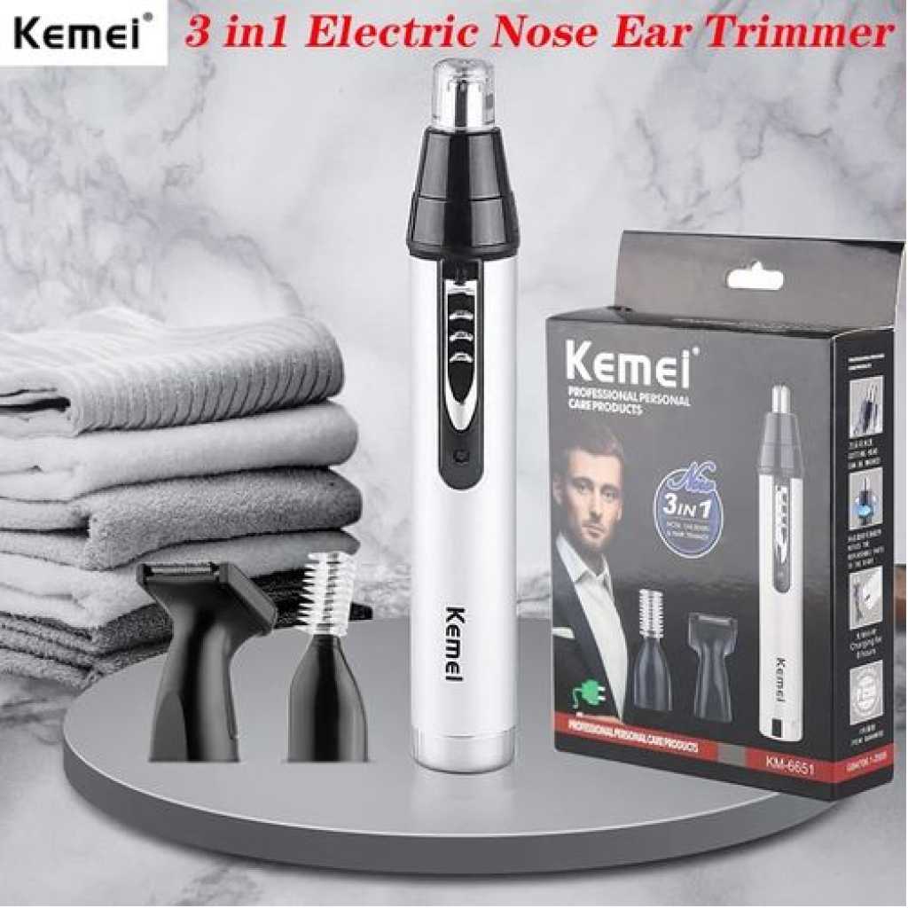 Kemei 3 In1 Electric Nose Ear Trimmer For Men Rechargeable Shaver Hair Removal Eyebrow Trimer Face Shaving Machine Men's Shaving Machine- Silver.