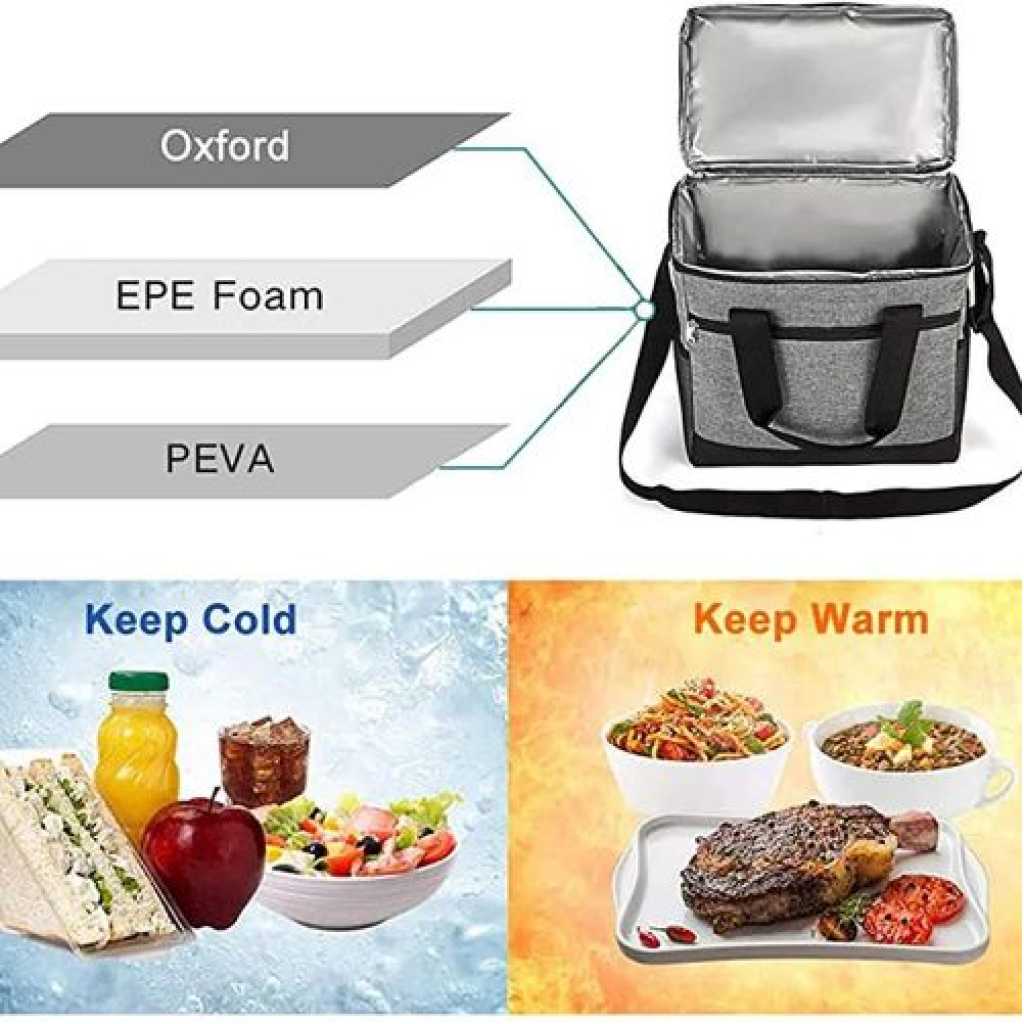 Insulated 2-Layer Lunch Box Bag Leak-Proof Fresh-Keeping Picnic Food Fruit Tote School Bag- Grey