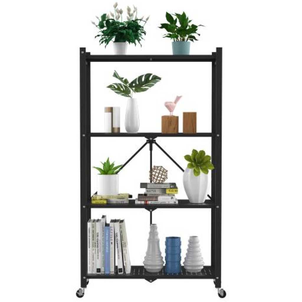 4 Tier Foldable Storage Shelves With Wheels Rack Pantry Organizer For Kitchen Bedroom Bathroom Office- Black